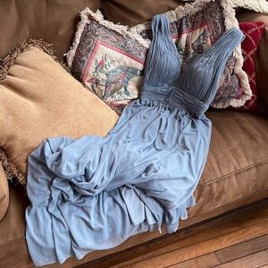 Floor length powder baby blue gown dress slit v plunge neck